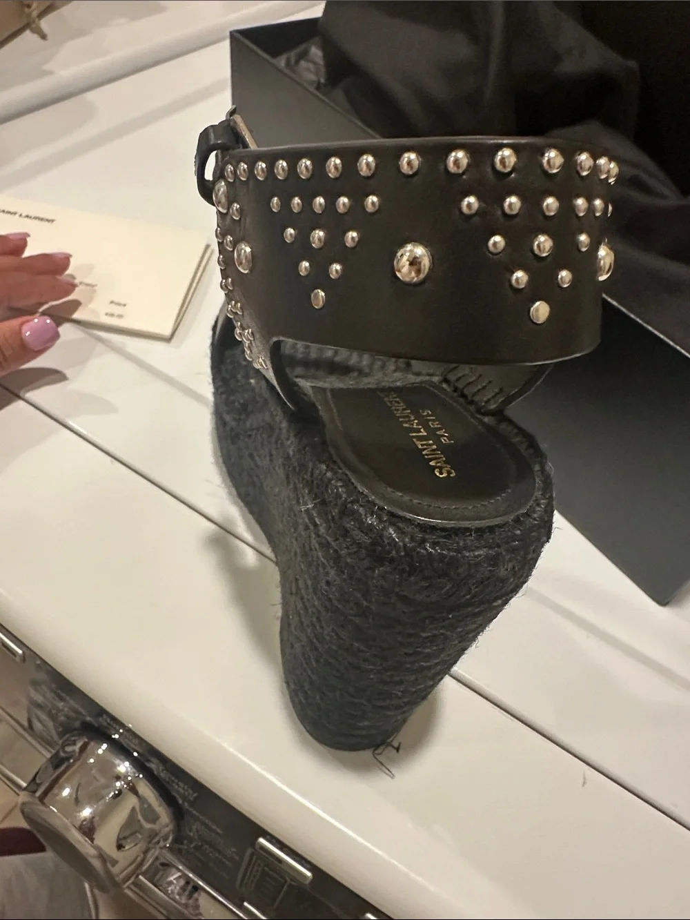 Saint Laurent Black Studded Espadrille Wedge Ankle-Strap